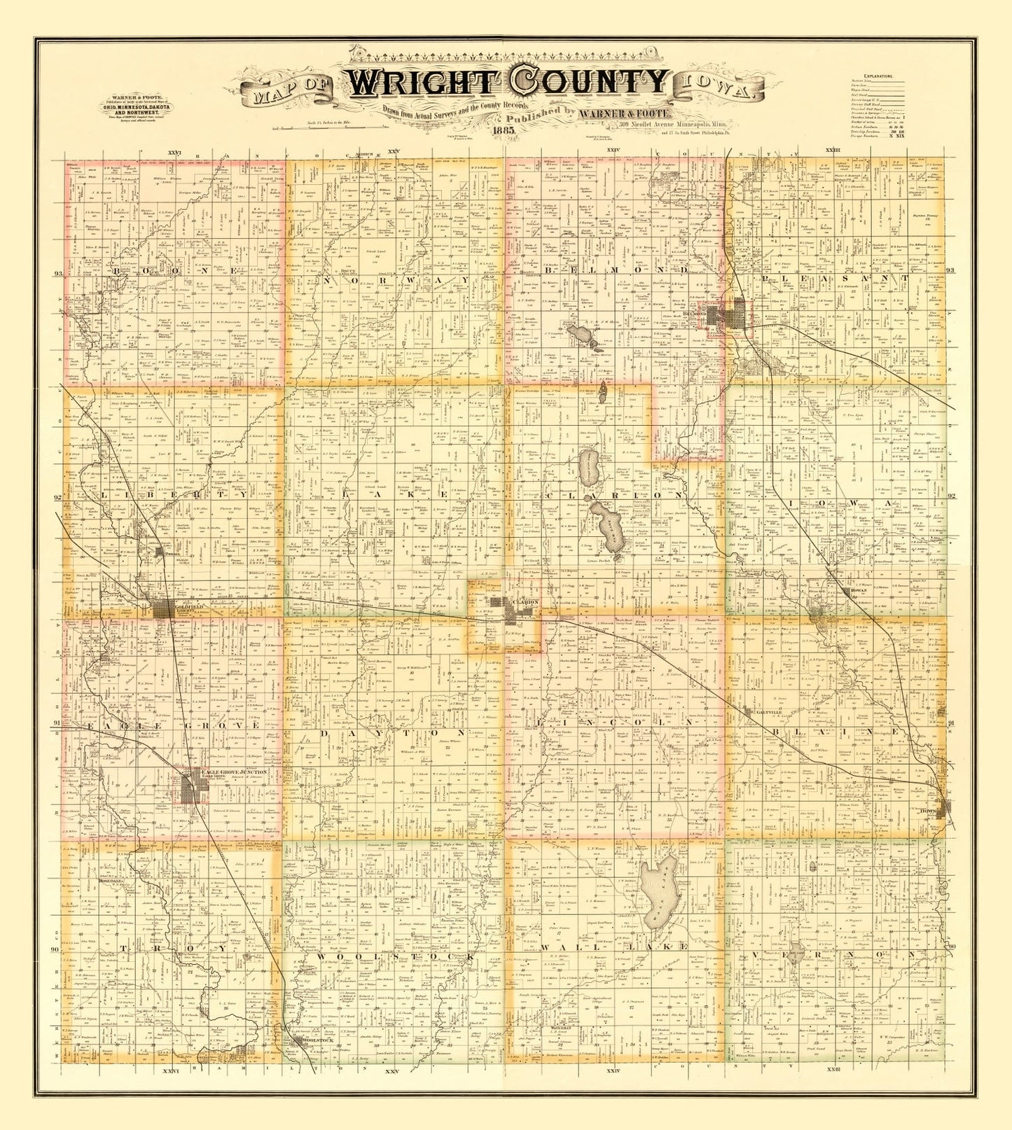Vintage Map of Wright County, Iowa, 1885