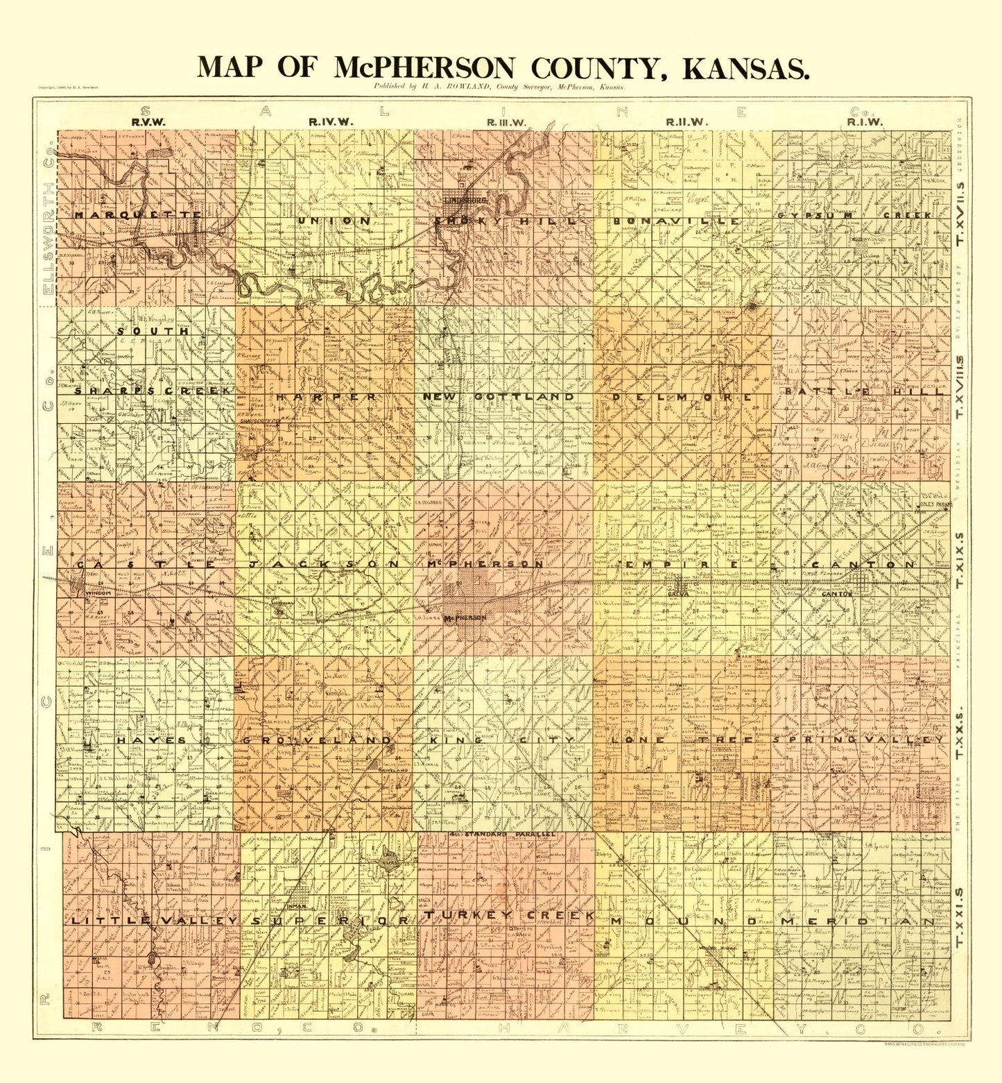 Vintage Map of McPherson County, Kansas, 1898