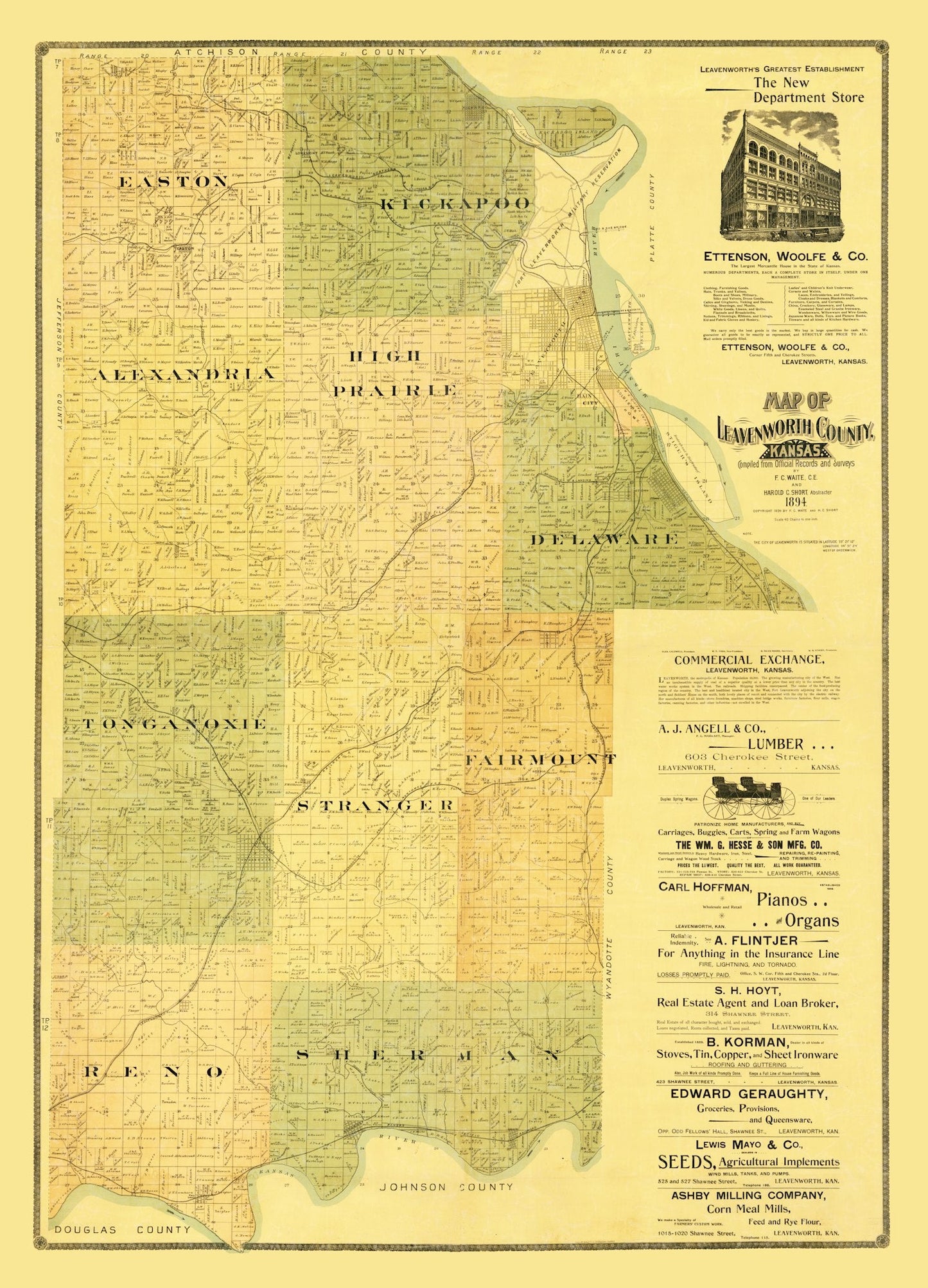 Vintage Map of Leavenworth County, Kansas, 1894