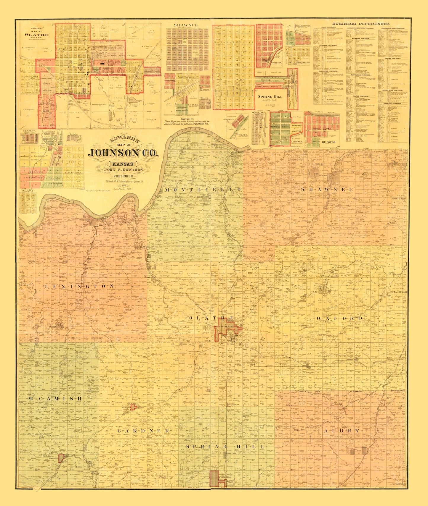 Vintage Map of Johnson County, Kansas, 1886