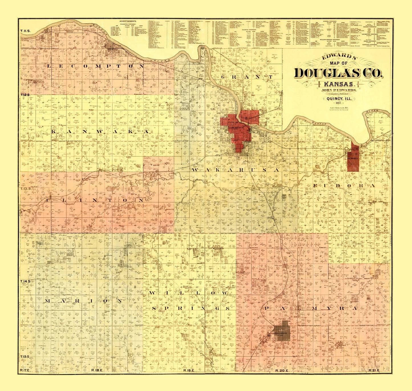 Vintage Map of Douglas County, Kansas, 1887 (Lawrence)