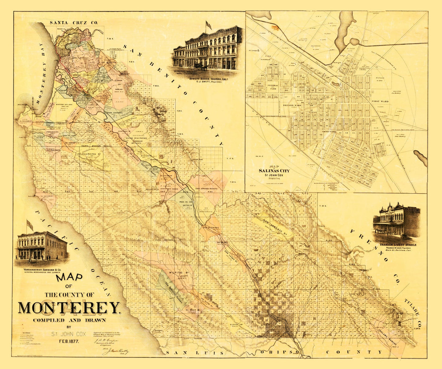 Vintage Map of Monterey County, California, 1877