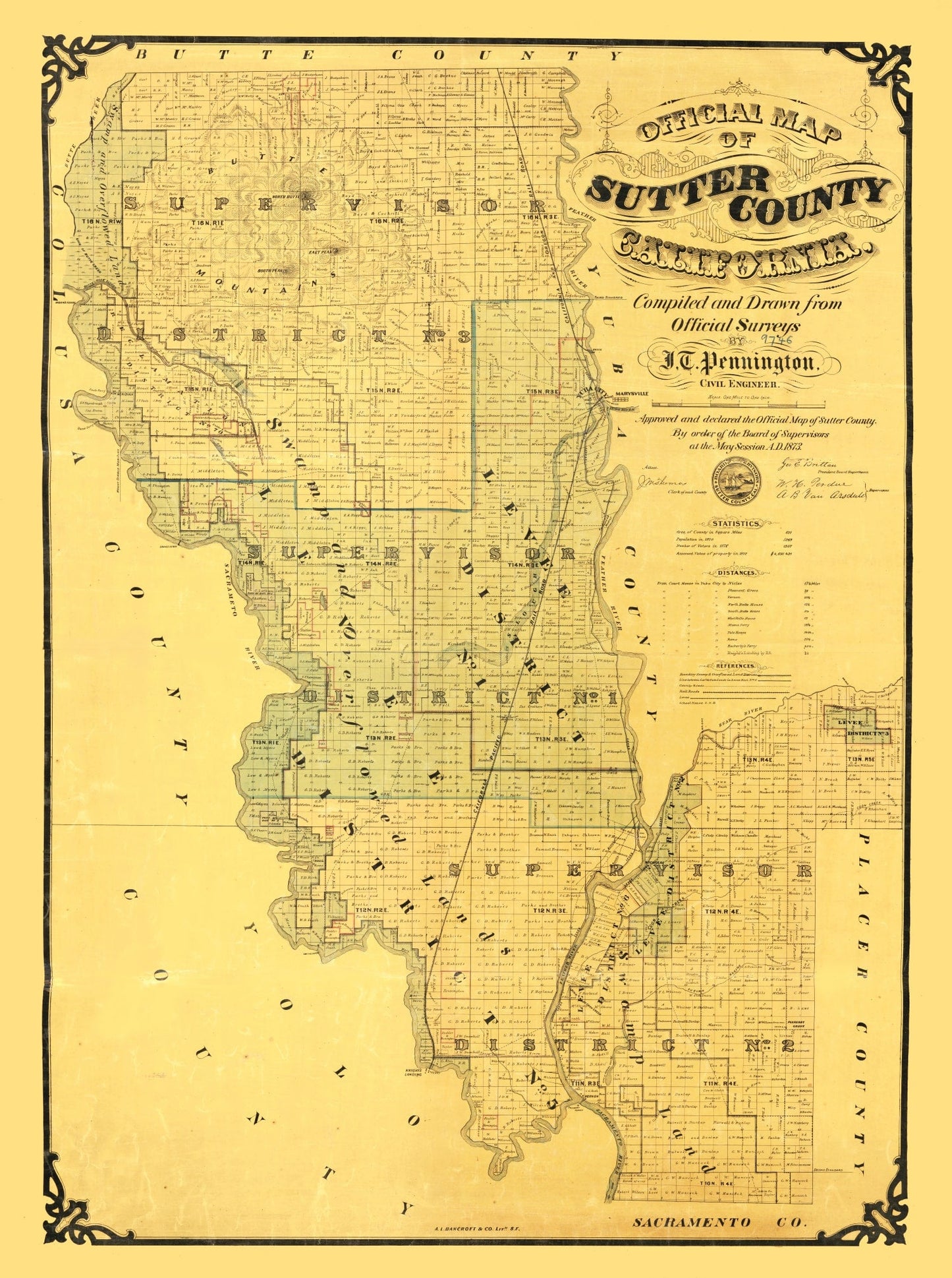 Vintage Map of Sutter County, California, 1873