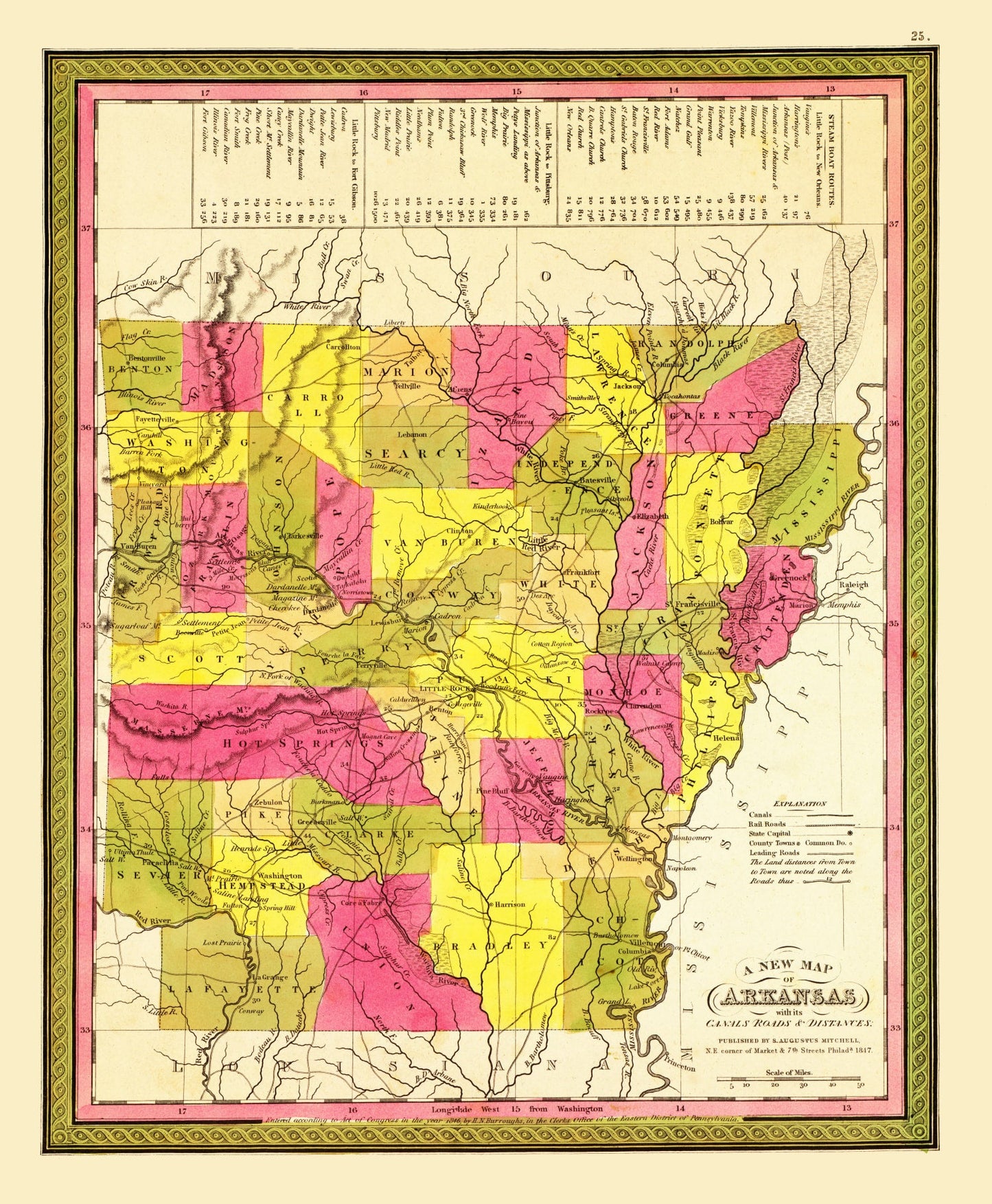 Vintage Map of Arkansas, 1847