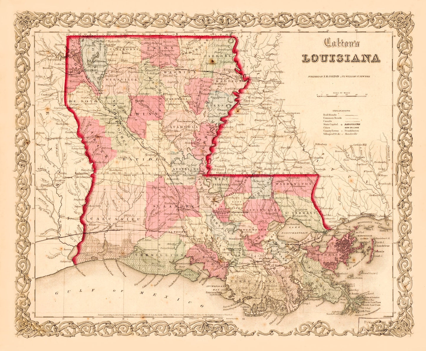 Vintage Map of Louisiana, 1855
