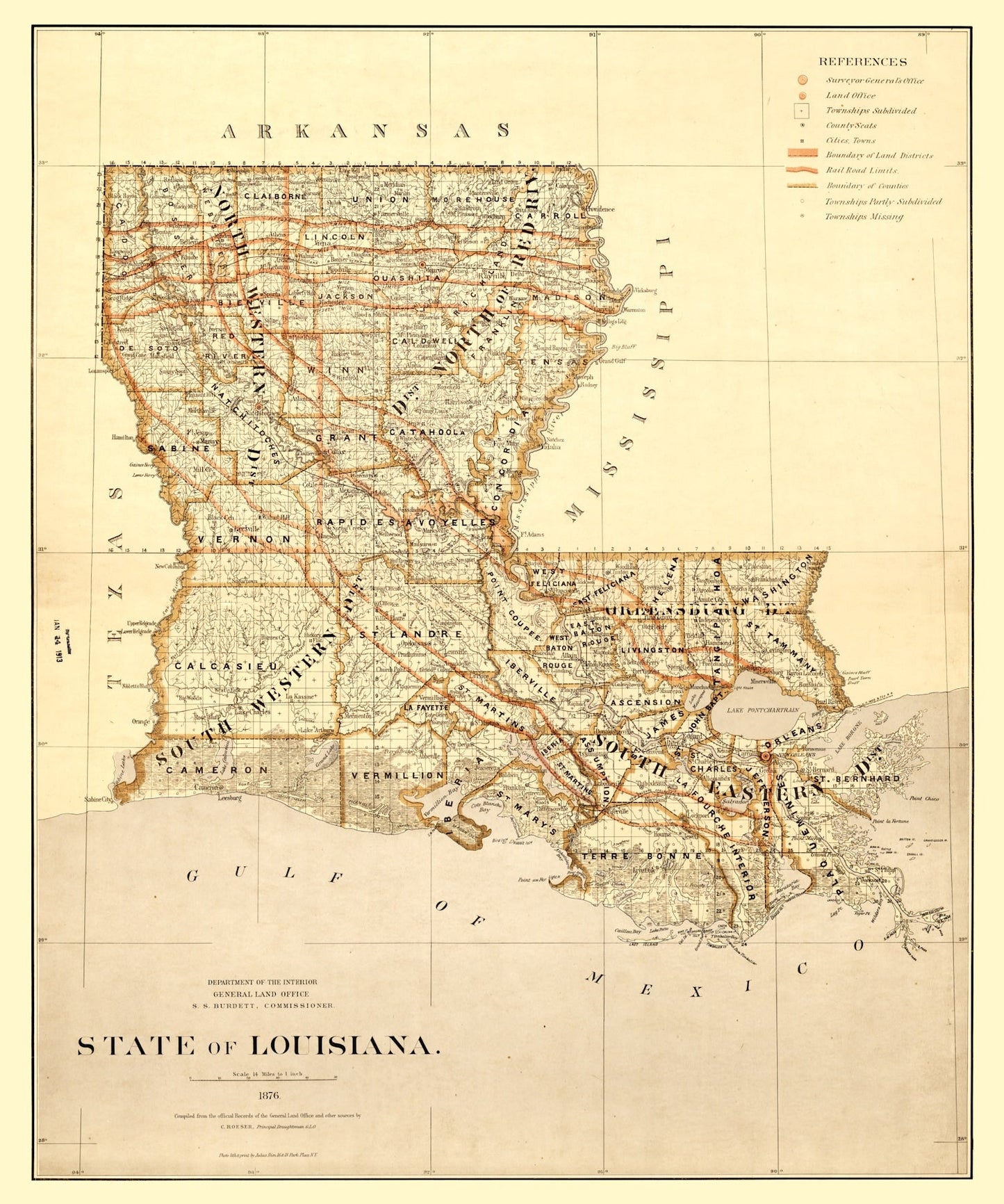 Vintage Map of Louisiana, 1876 IV
