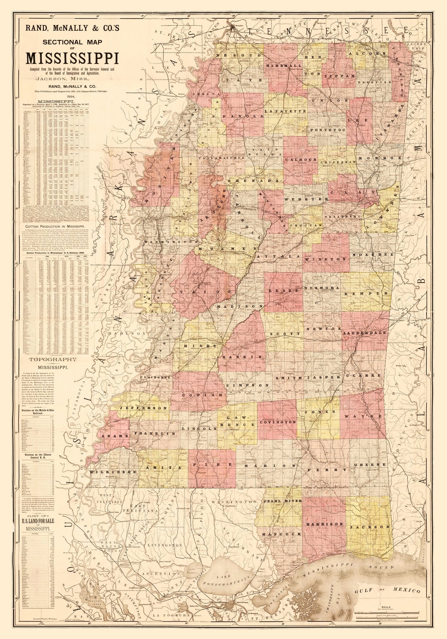 Vintage Map of Mississippi, 1892