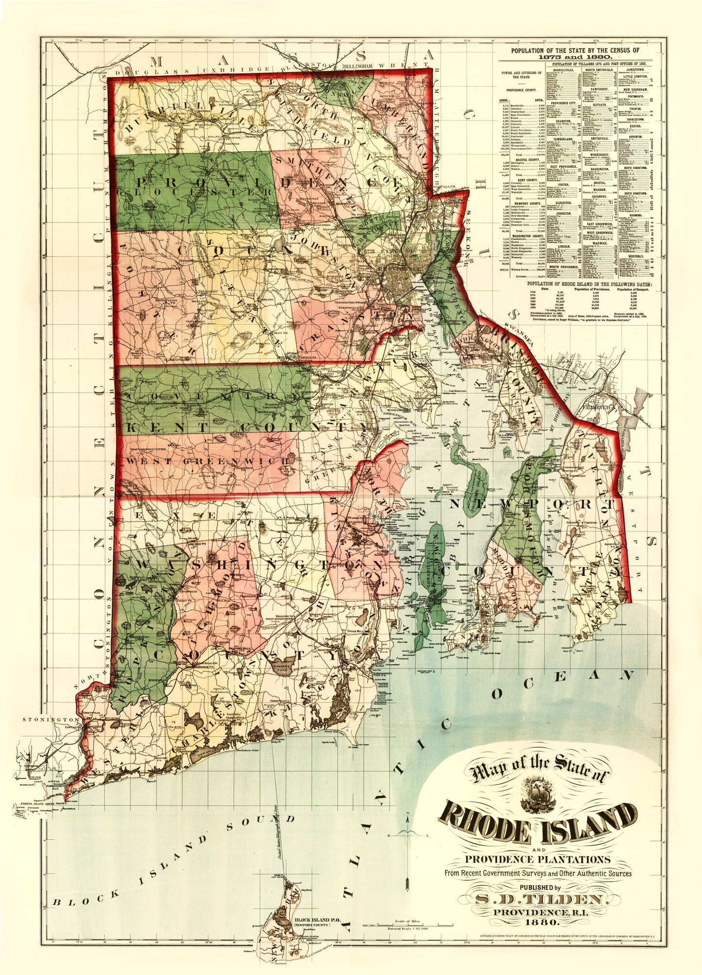 Vintage Map of Rhode Island, 1880