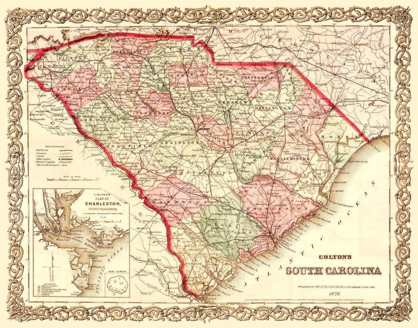 Vintage Map of South Carolina, 1876