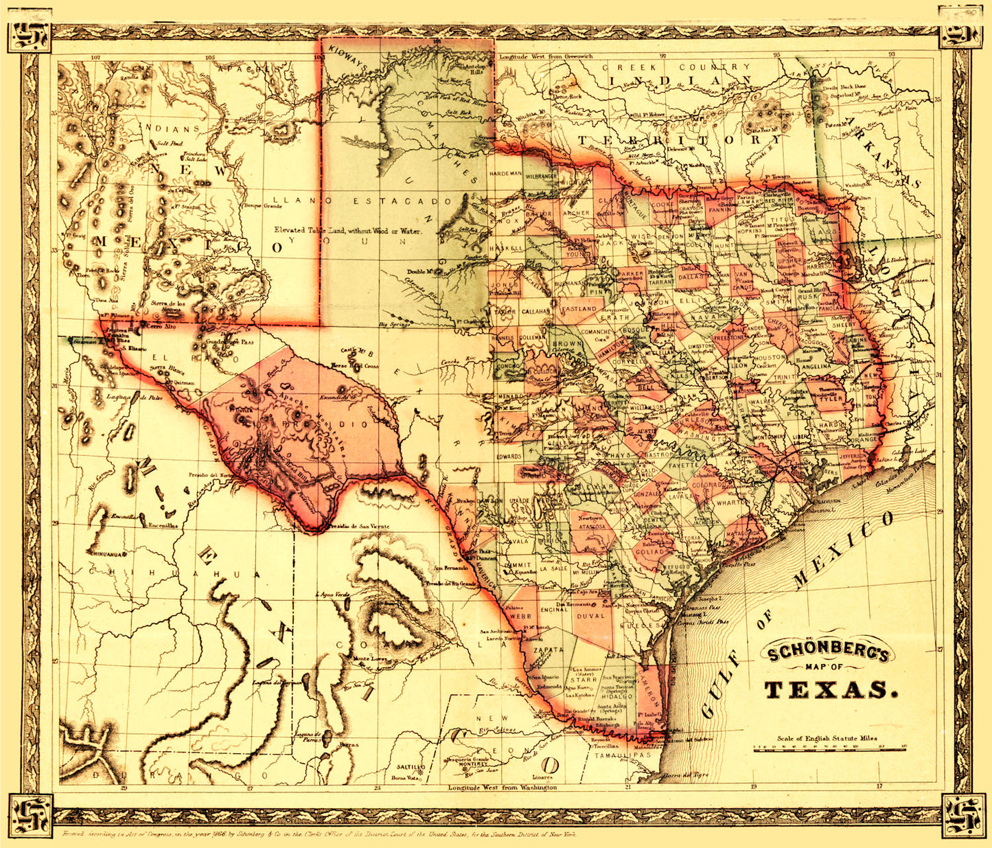 Vintage Map of Texas, 1866