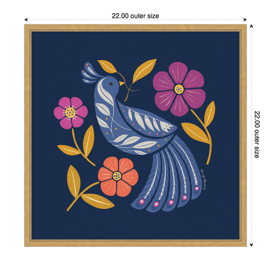 Boho Folk Art Bird Blue and Gold Framed Canvas Wall Art