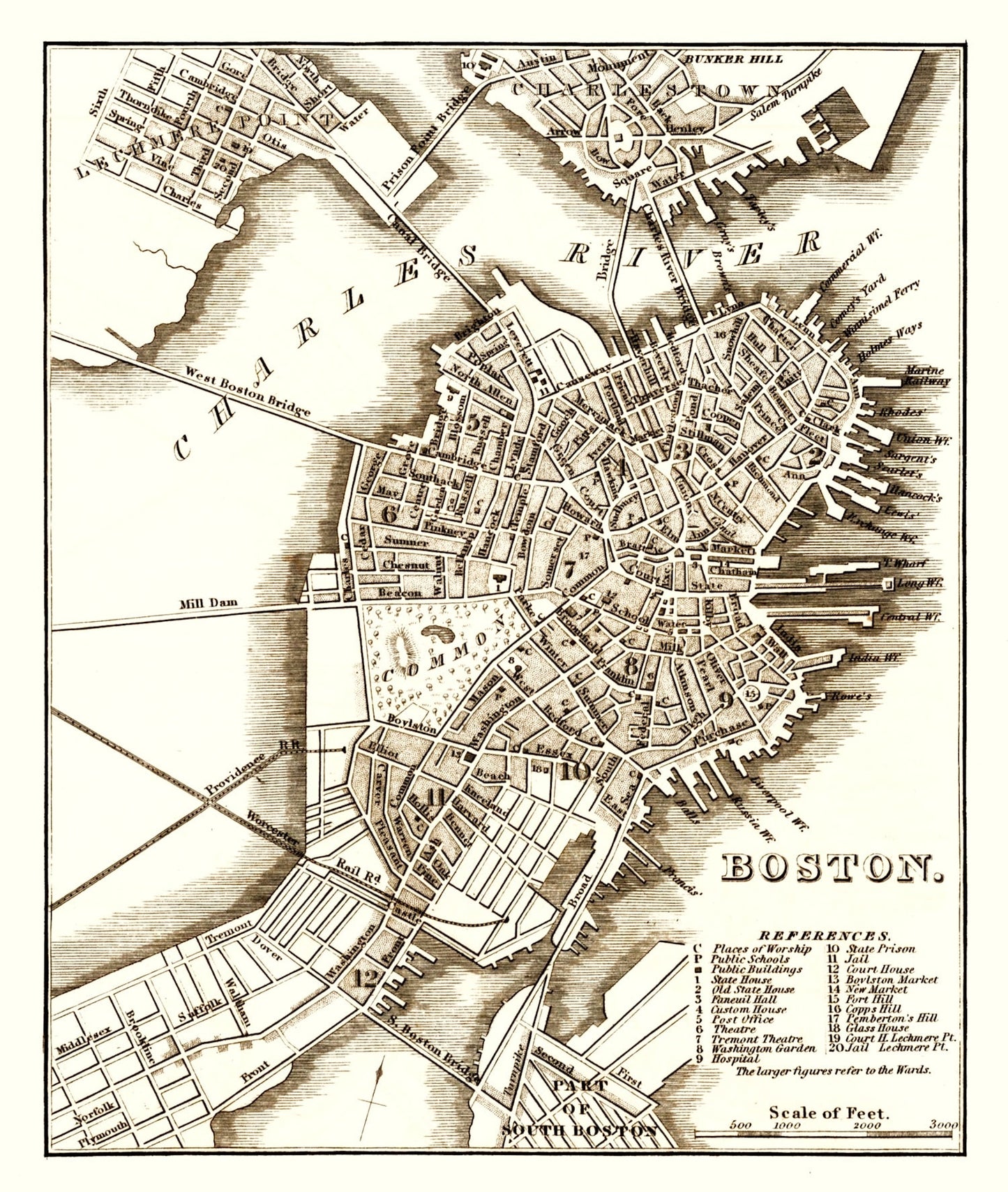 Vintage Map of Boston, Massachusetts 1844