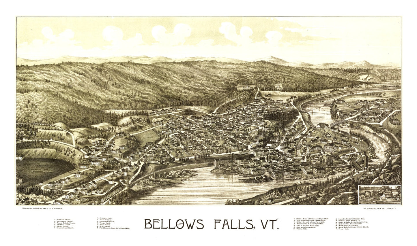 Vintage Map of Bellows Falls, Vermont, 1886