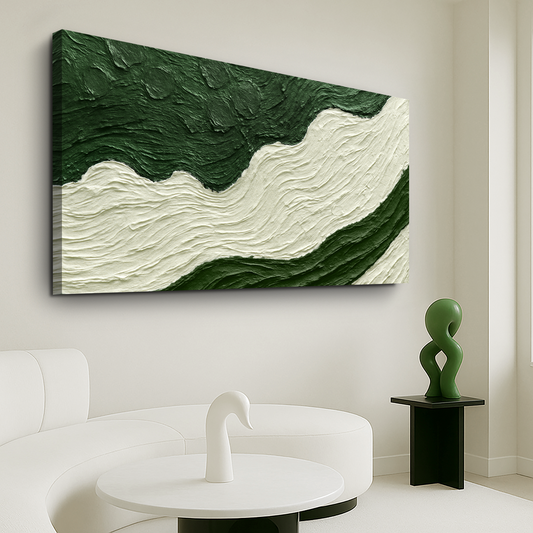 Cream Wave Between Deep Green Bands Abstract canvas shown in a styled room setting, view 2