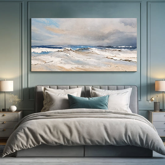 Stormy Grey Sky Over the Surf canvas shown in a styled room setting, view 2