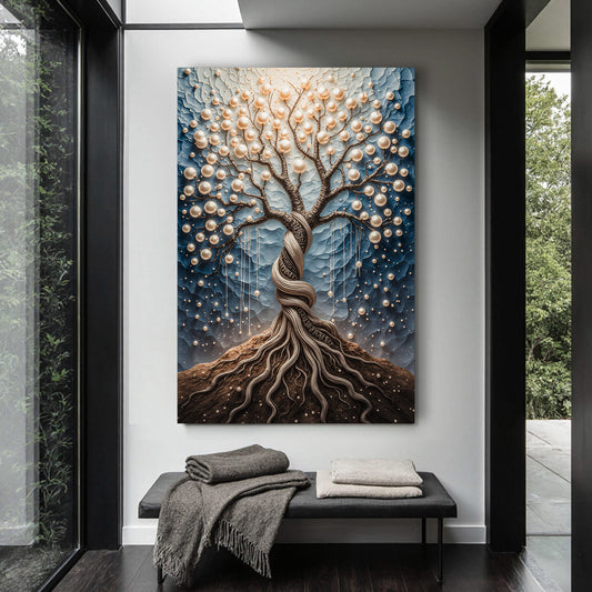 Pearl Blossom Tree on Blue Grey canvas shown in a styled room setting, view 2