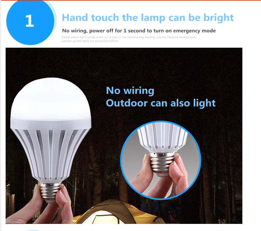 LED light bulb with text explaining its features on a dark background