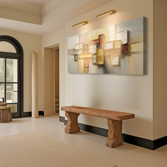 Beige and Tan Block Collage Abstract canvas shown in a styled room setting, view 2