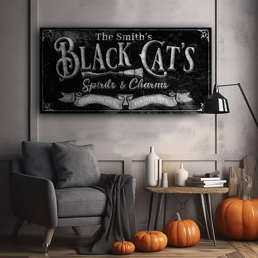 Black Cat's Spirits and Charms Bar Halloween Canvas Wall Art