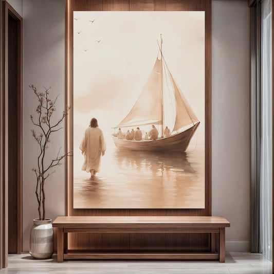 Jesus on the Water With a Sailboat Sepia canvas shown in a styled room setting, view 2