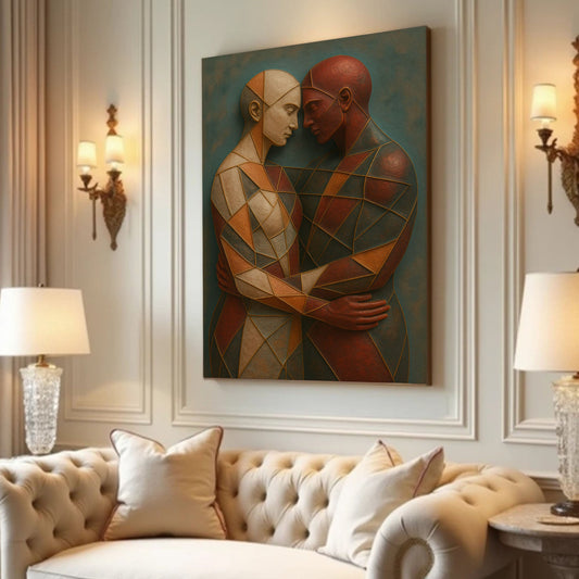 Geometric Couple Embrace in Copper Tones canvas shown in a styled room setting, view 2