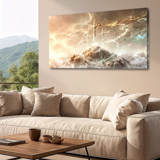 He Is Risen Golden Light Over the Hill canvas shown in a styled room setting, view 2