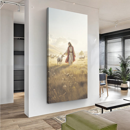 Shepherd Jesus Green Meadow Tall canvas shown in a styled room setting, view 2
