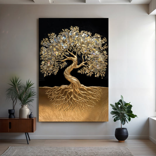 Gold Tree of Life on Black and Gold canvas shown in a styled room setting, view 2