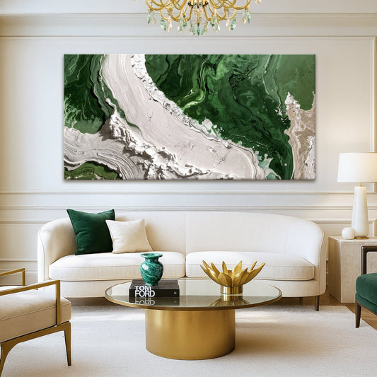 Green and White Marbled River Abstract canvas shown in a styled room setting, view 2