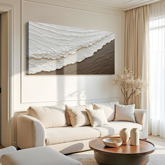White Surf on Brown Sand Abstract canvas shown in a styled room setting, view 2