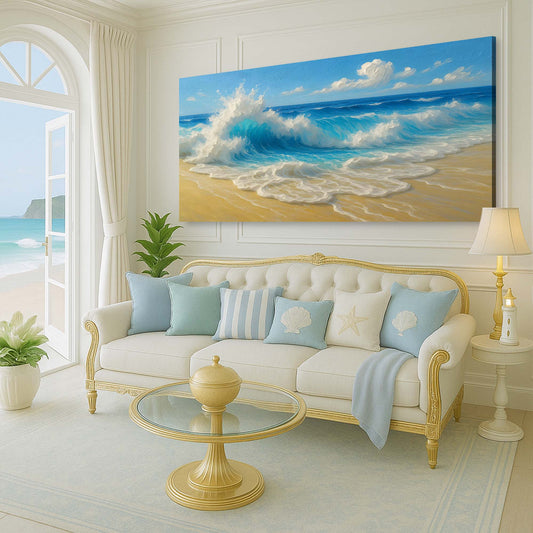 Bright Blue Wave on Golden Sand canvas shown in a styled room setting, view 2