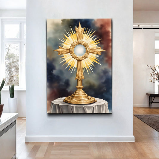 Holy Eucharist Golden Monstrance canvas shown in a styled room setting, view 2