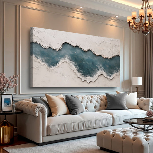 Teal Blue Torn Band Minimalist canvas shown in a styled room setting, view 2