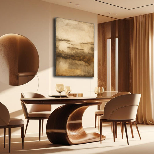 Gold and Taupe Horizon Abstract canvas shown in a styled room setting, view 2