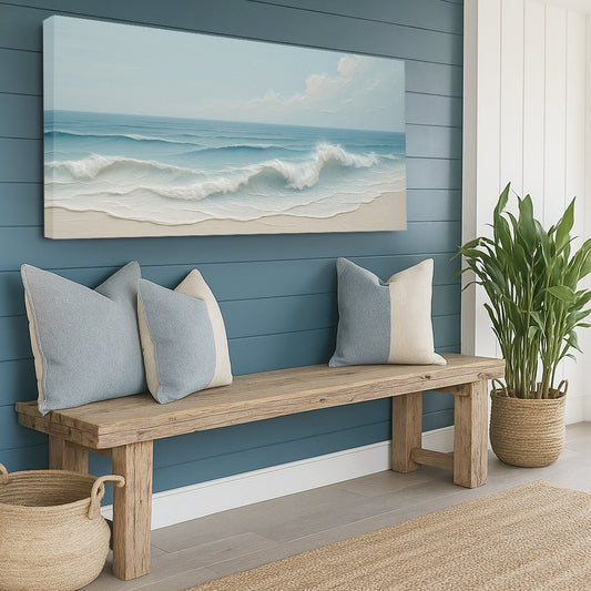 Pale Blue Curling Wave canvas shown in a styled room setting, view 2