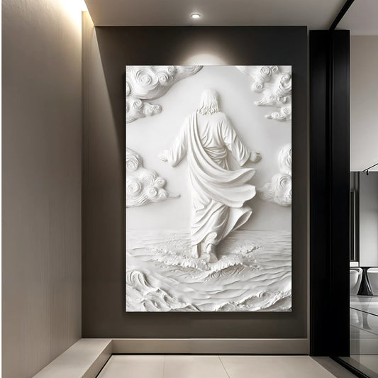 Jesus Walking on Water Pale Monochrome canvas shown in a styled room setting, view 2