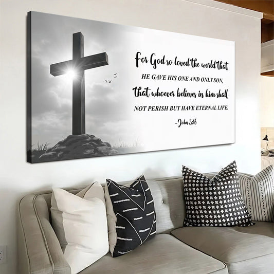 John 3:16 Grey Cross and Sunburst Sign canvas shown in a styled room setting, view 2