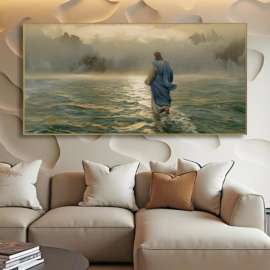 Jesus Walking on Green Waves canvas shown in a styled room setting, view 2