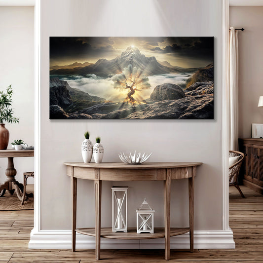 Burning Bush Golden Light Stormy Sky canvas shown in a styled room setting, view 2