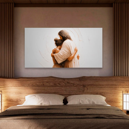 Jesus Embrace Warm Tones on White Panoramic canvas shown in a styled room setting, view 2