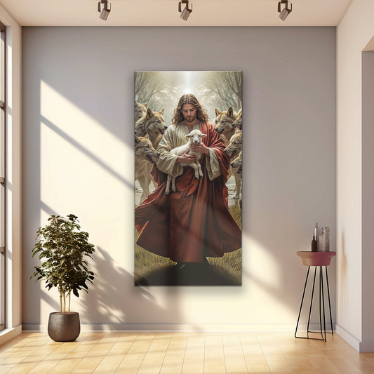 Jesus in Red Cloak Holding a Lamb Wolves canvas shown in a styled room setting, view 2