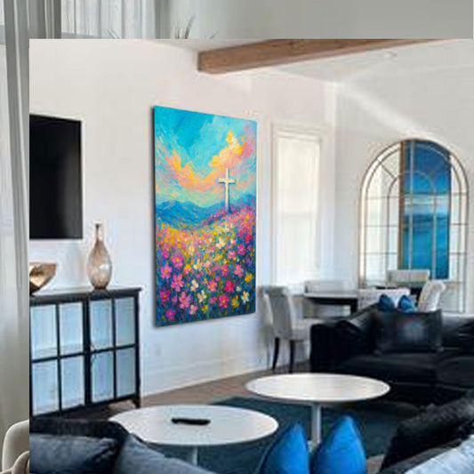 Palette Knife Cross on a Flower Hill canvas shown in a styled room setting, view 2