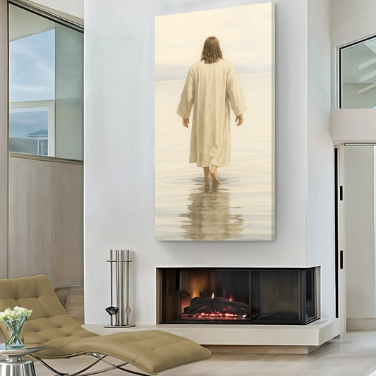 Jesus Walking on Calm Water From Behind canvas shown in a styled room setting, view 2