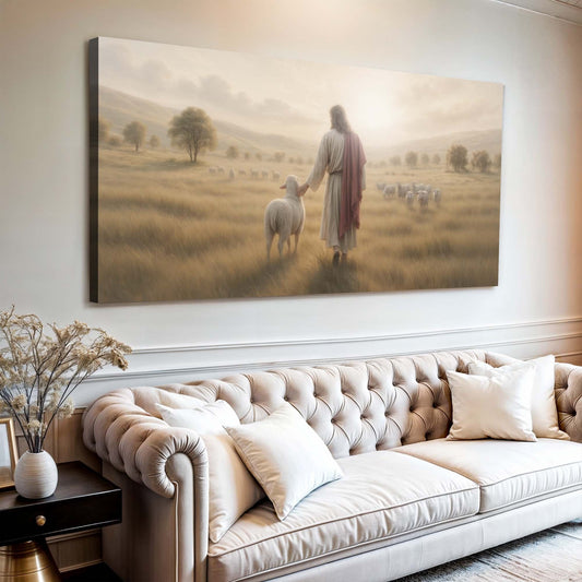Jesus Walking With Lambs Golden Meadow canvas shown in a styled room setting, view 2