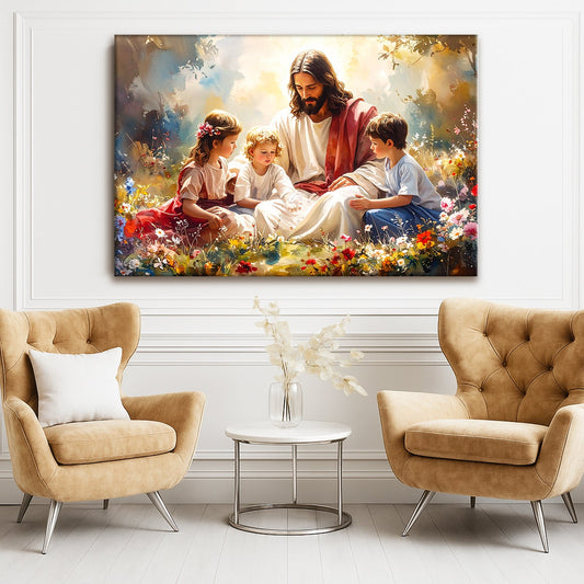 Jesus With Children in a Flower Meadow canvas shown in a styled room setting, view 2