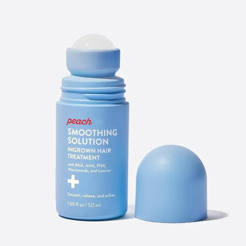 Blue roller bottle labeled 'Peach Smoothing Solution' on a white background