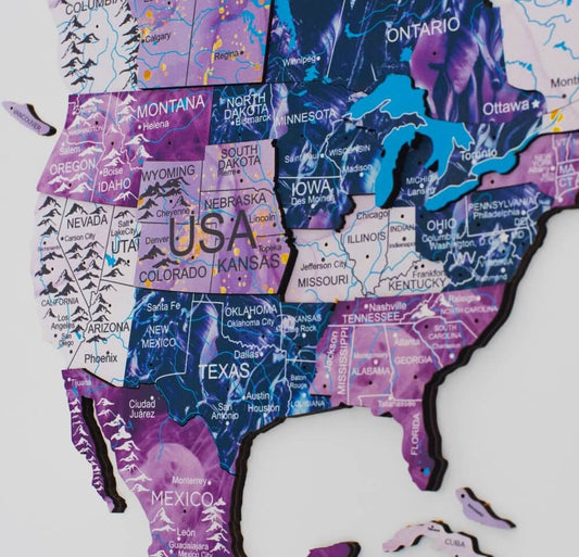 3D Wooden World Map Wall Art - Purple Milky Way