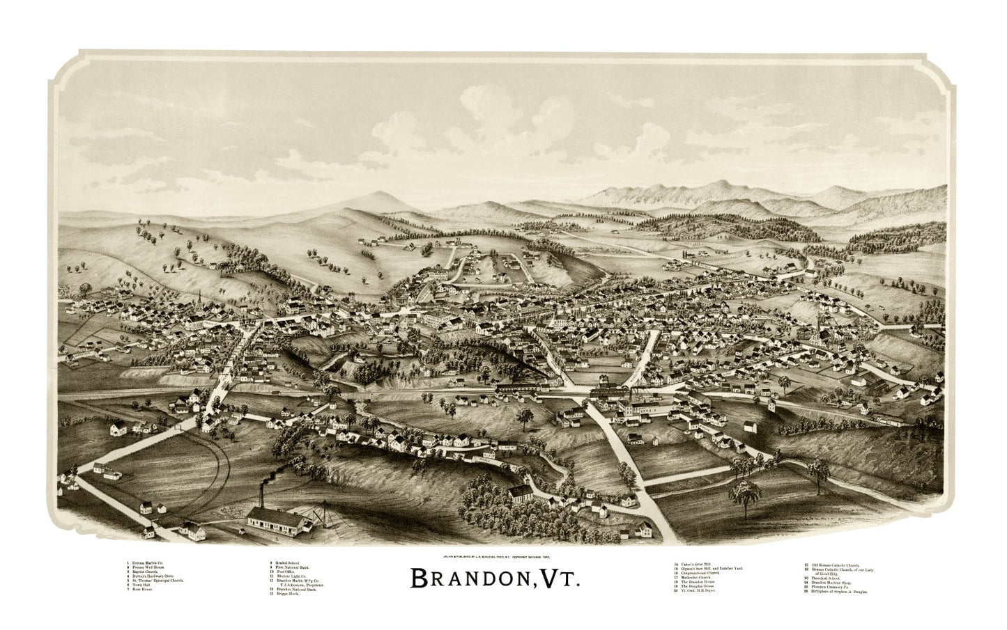 Vintage Map of Brandon, Vermont 1890