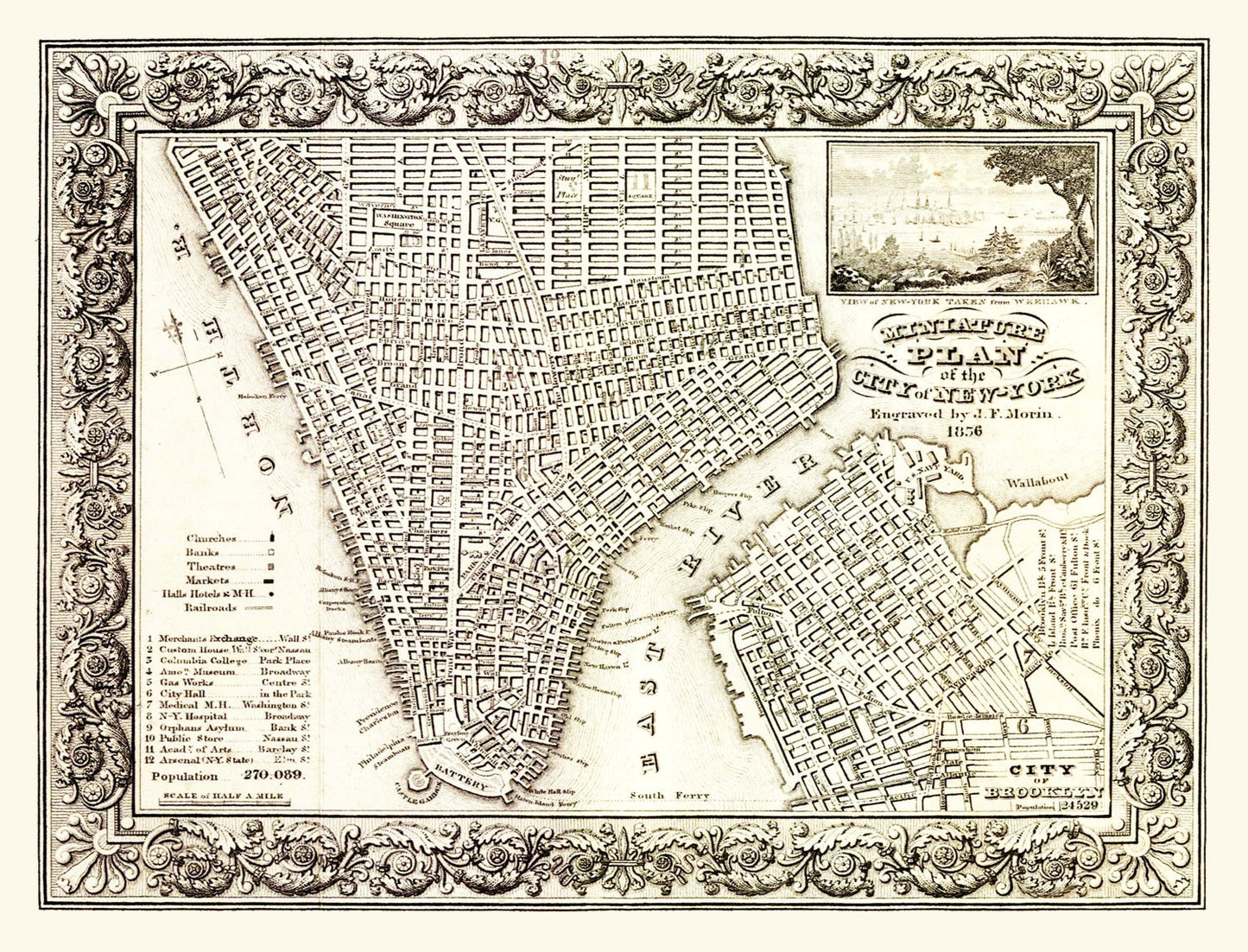 Vintage Map of New York City, Queens County, New York, 1836