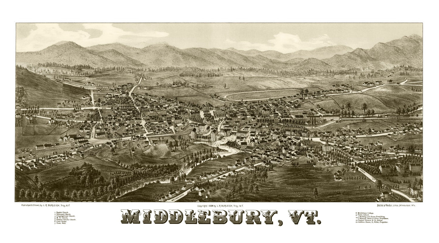 Vintage Map of Middlebury, Vermont, 1886